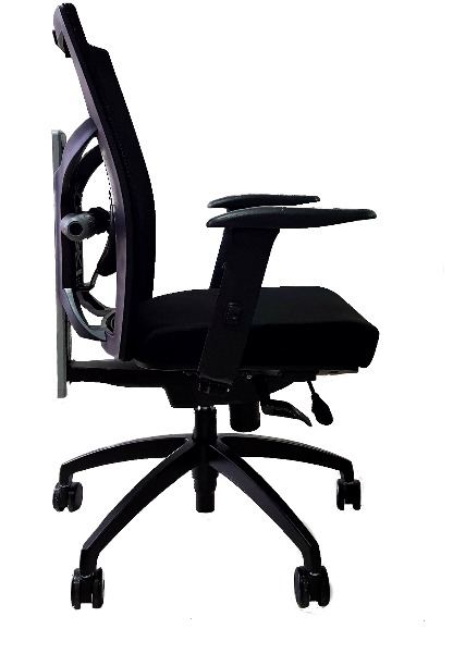 Silla de oficina Ex-One B de respaldo medio, vista lateral con base negra de nailon