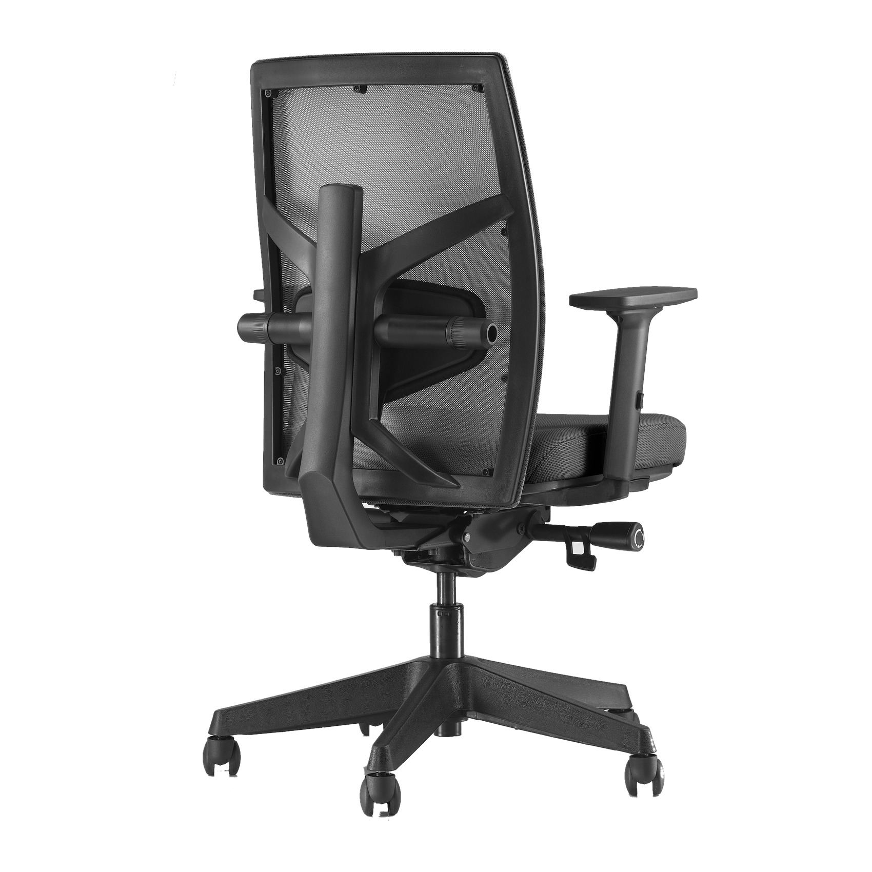 Silla de oficina Ex-One B de respaldo medio, vista trasera en tres cuartos con el marco del respaldo, el mecanismo y la base de nailon