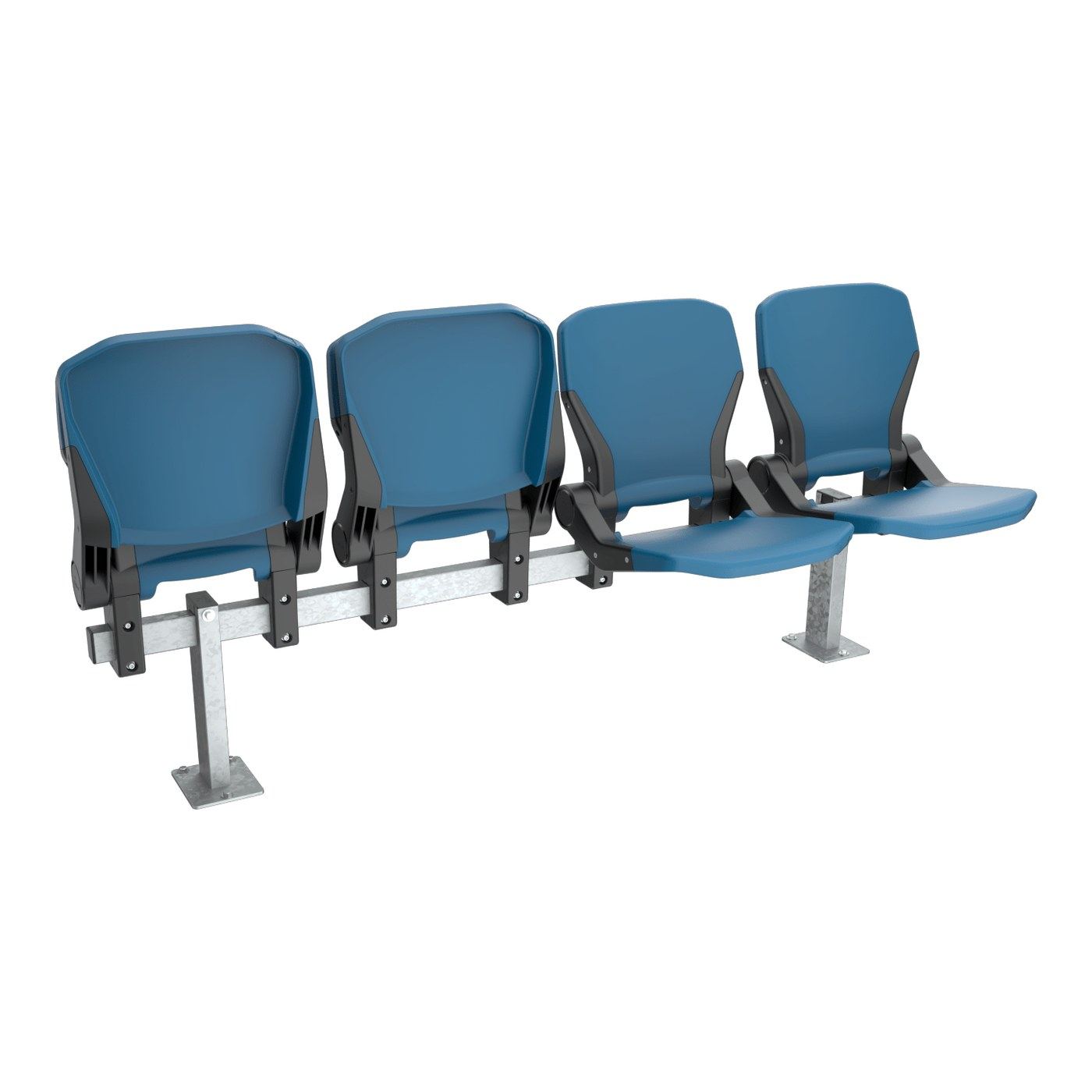 Bancada Fan de cuatro plazas sobre pedestal, con dos butacas abiertas y dos plegadas para mostrar el movimiento del asiento