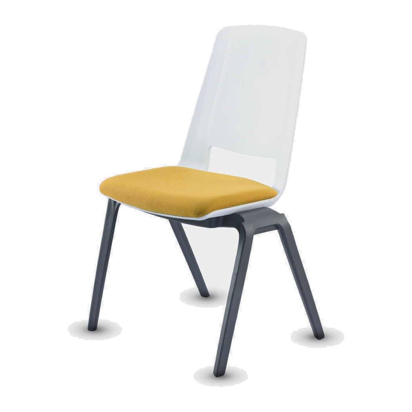 Silla Fila-H de respaldo alto en blanco con asiento tapizado, vista en tres cuartos