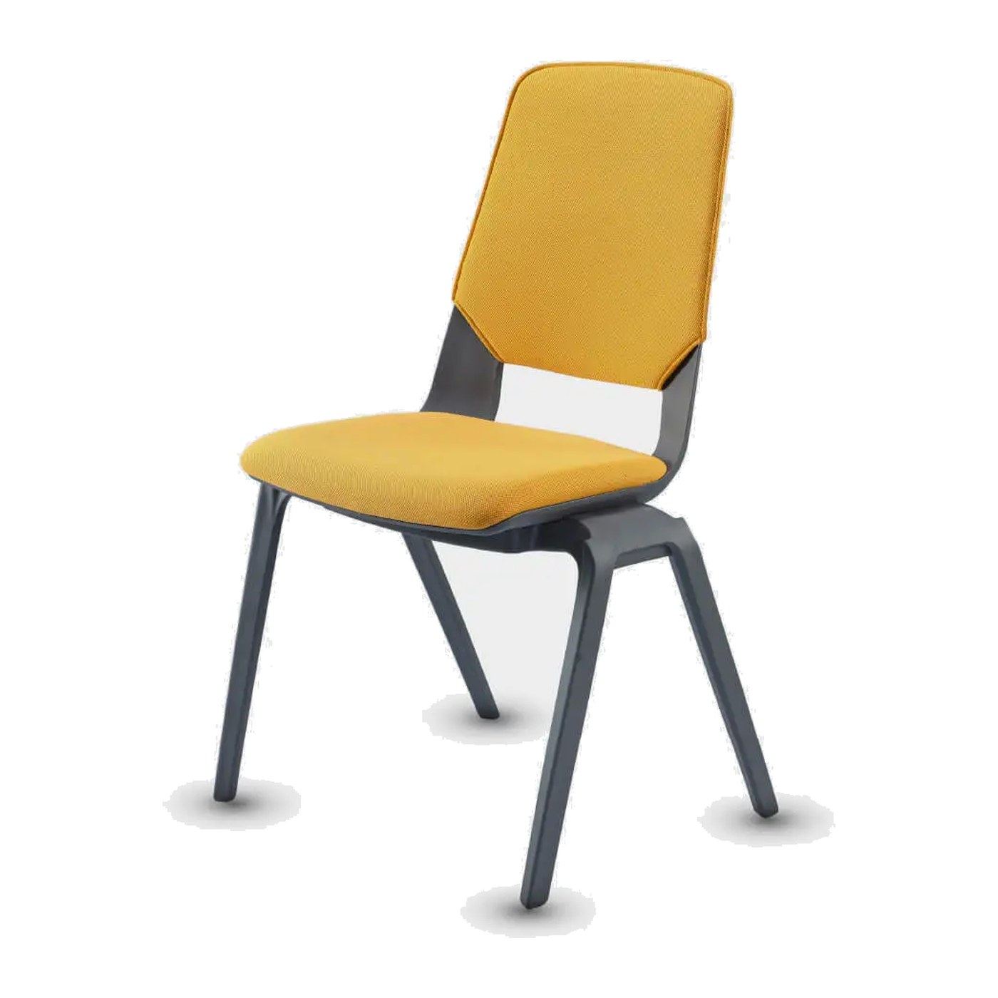 Silla Fila-H con asiento y respaldo tapizados sobre carcasa gris carbón, vista en tres cuartos