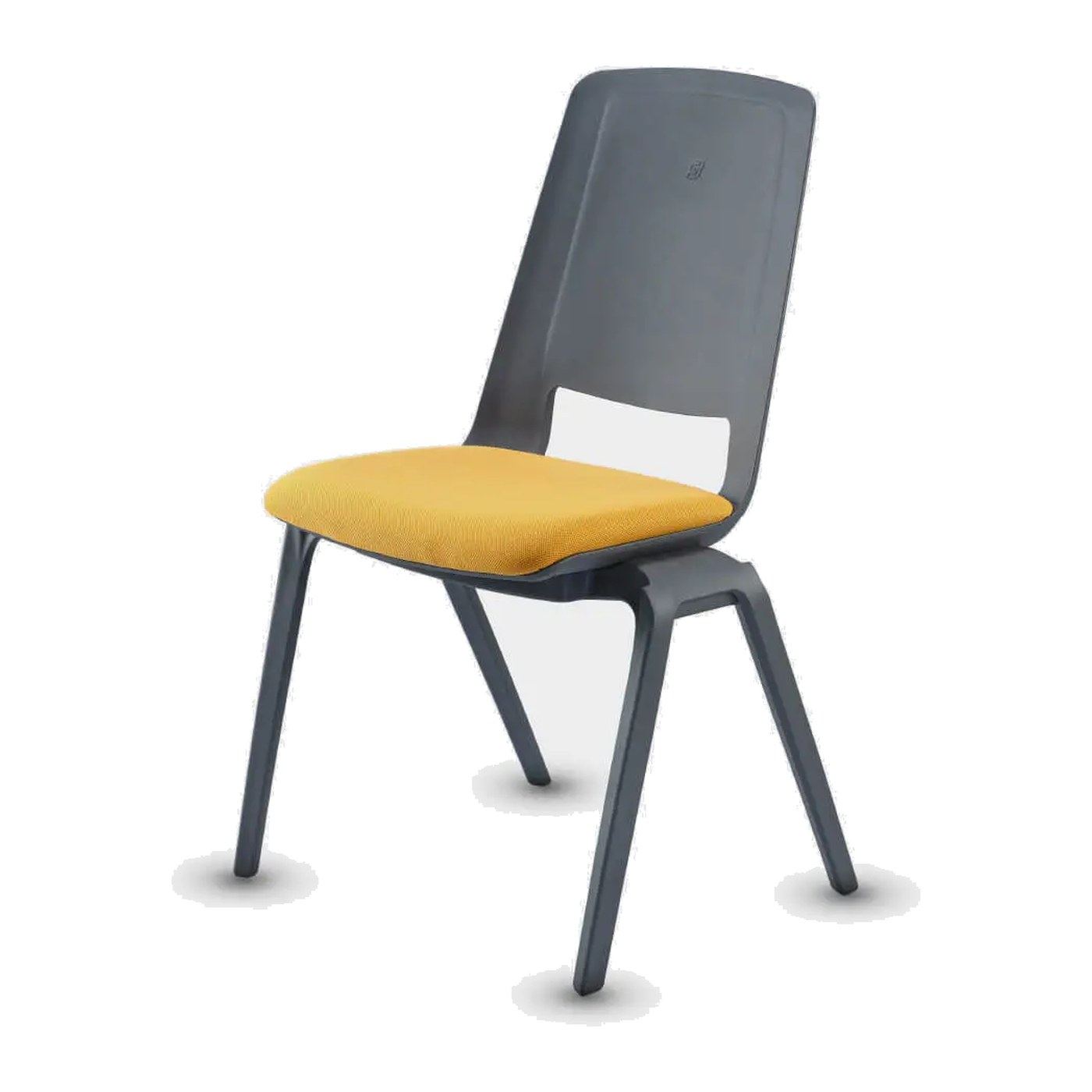 Silla Fila-H de respaldo alto en gris carbón con asiento tapizado, vista en tres cuartos sobre cuatro patas