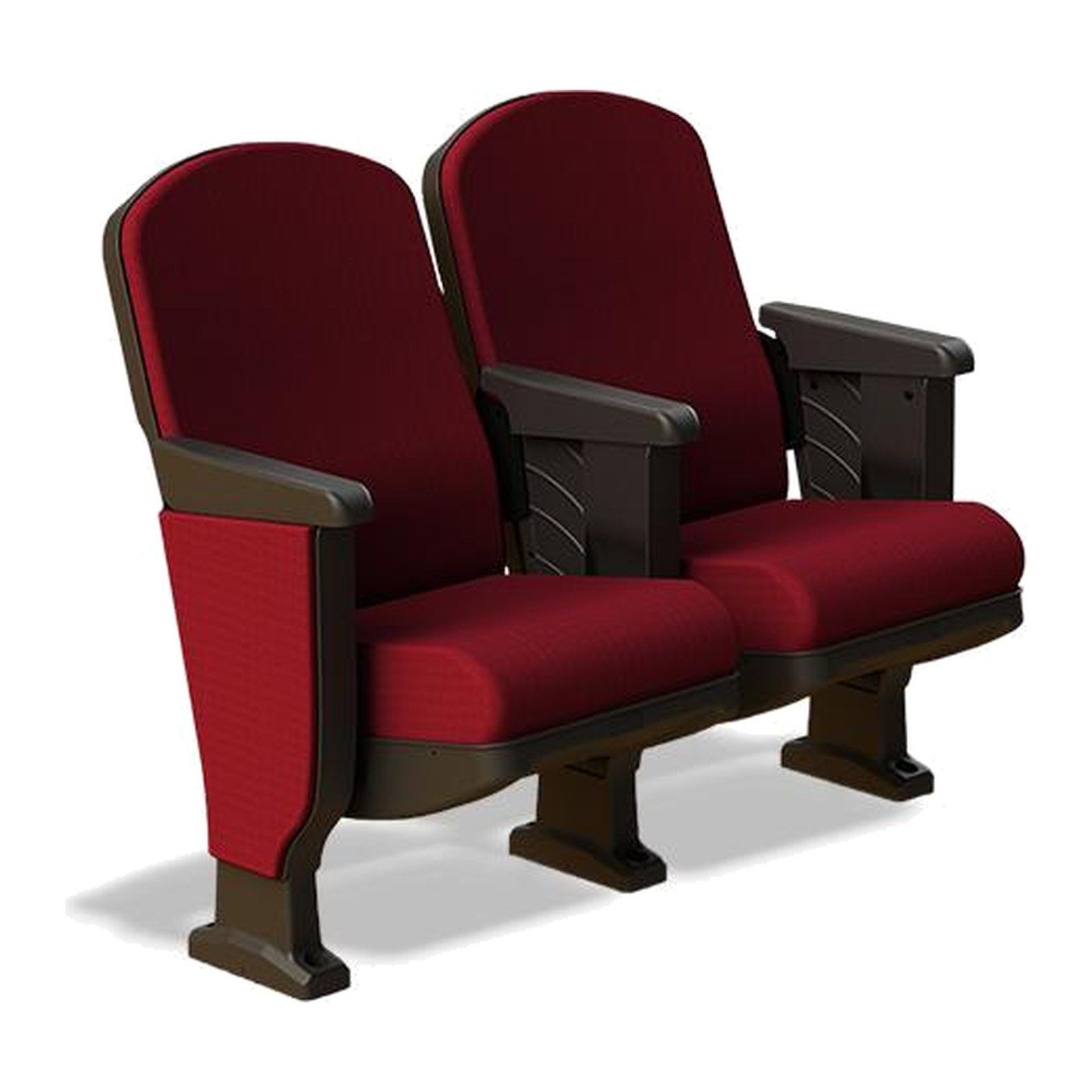 Dos butacas Gala en módulo, vista en tres cuartos: respaldo con curva ergonómica y asiento tapizados en tela roja, coderas y costados de polipropileno
