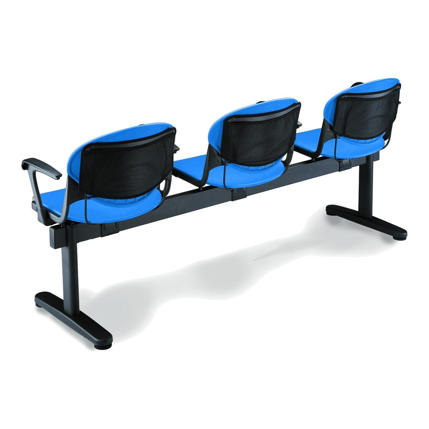Bancada HMX 600 de tres plazas vista por detrás: respaldo de malla negra, asiento tapizado azul y brazo