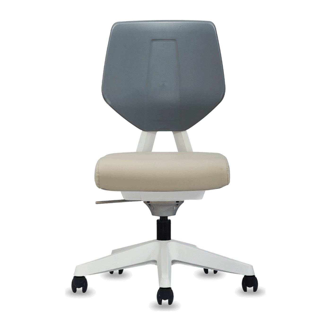 Silla Kaden con 3D Tilt, vista frontal: respaldo de polipropileno gris, asiento tapizado en PVC y base de cinco puntas blanca con ruedas