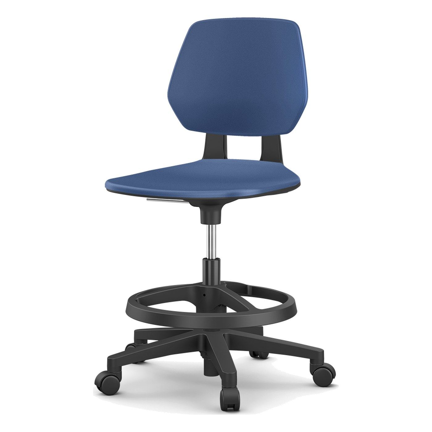 Banco Lab de poliuretano azul con aro reposapiés de nailon, vista frontal: respaldo y asiento de poliuretano integral, pistón de gas largo y base negra de cinco puntas con ruedas