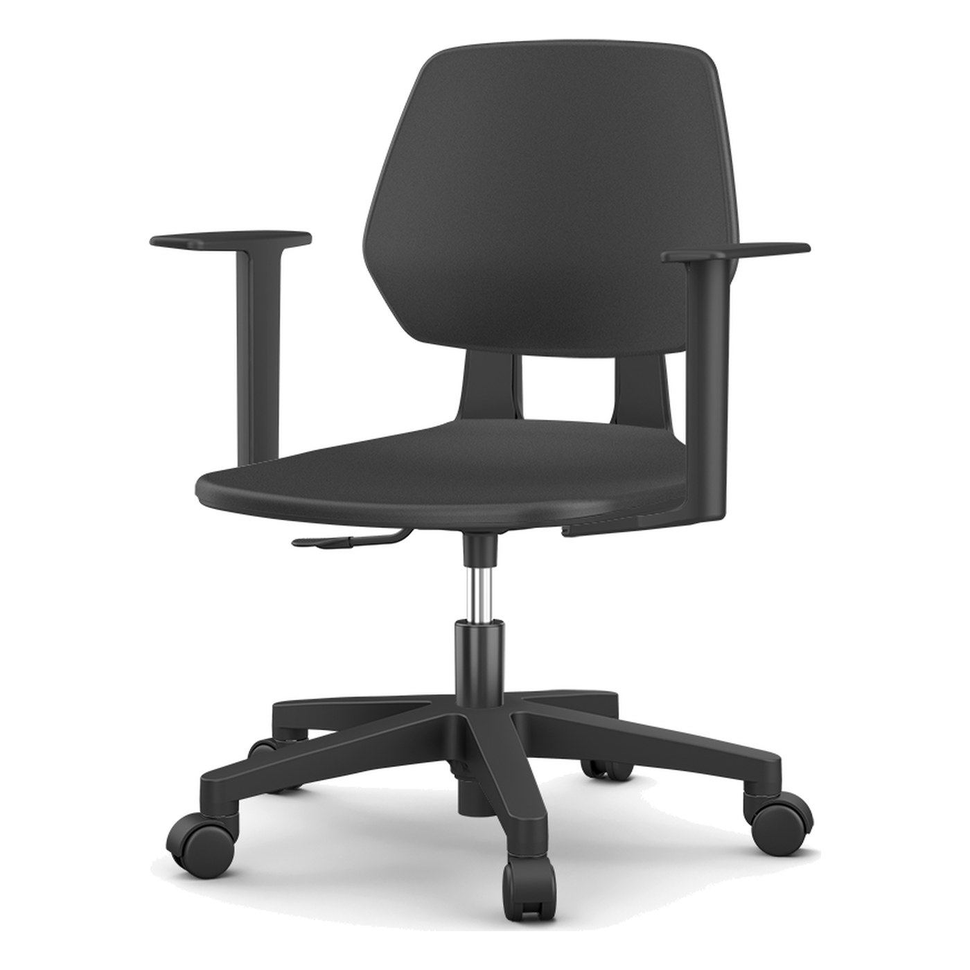 Silla giratoria Lab de poliuretano negro con brazos opcionales, vista frontal