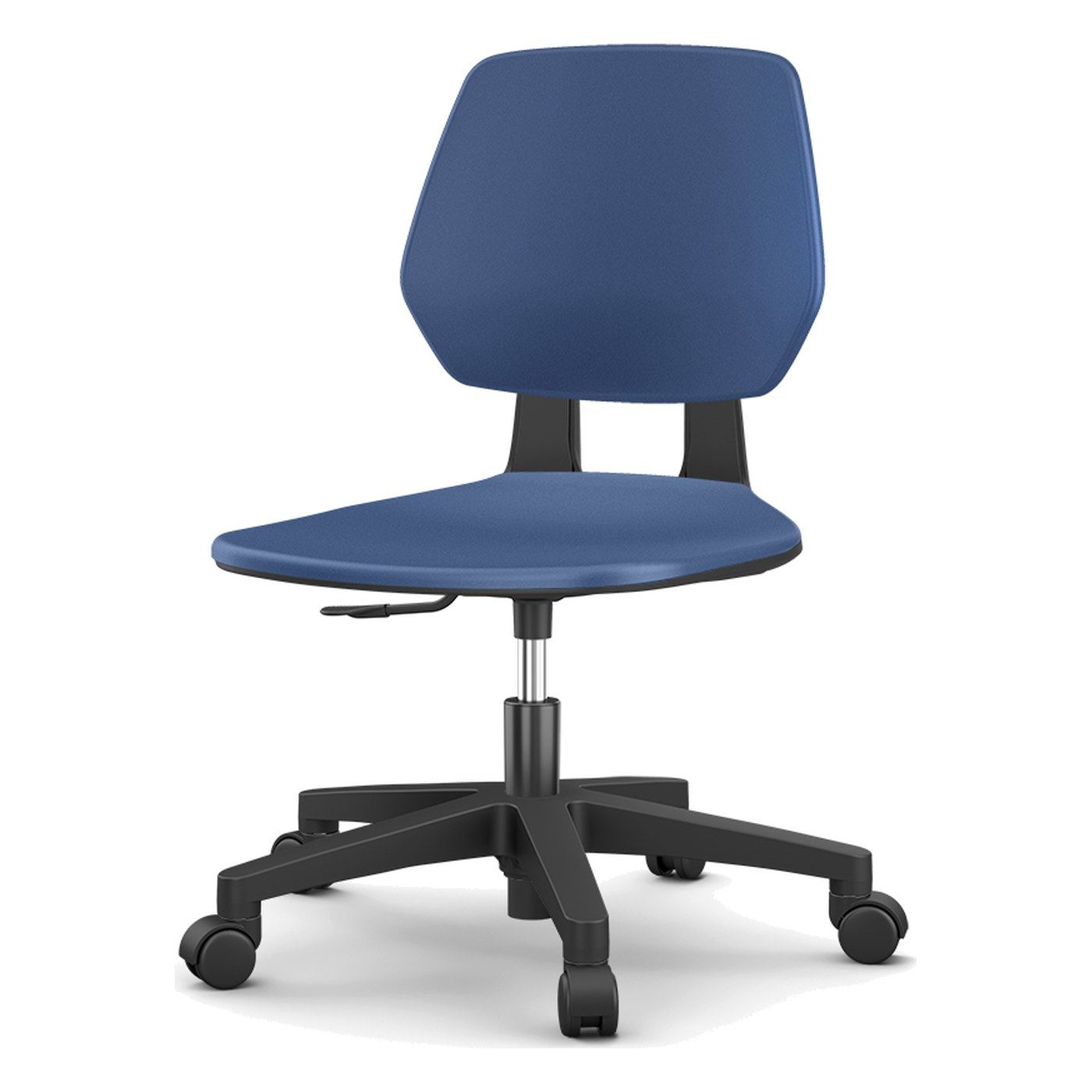 Silla giratoria Lab de poliuretano azul sin brazos, vista frontal, con base negra de cinco puntas y ruedas