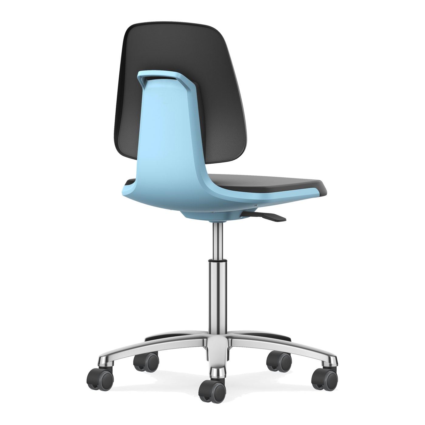 Labsit baja con ruedas dobles y base de aluminio pulido, vista en tres cuartos: respaldo y asiento negros con carcasa azul