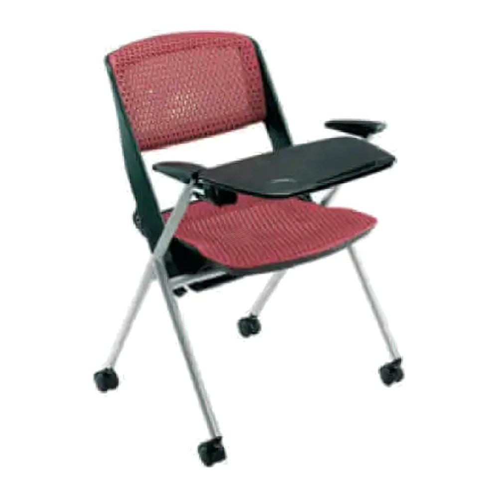 Silla Mobby con tablero en tres cuartos: carcasa perforada vino, tablero de escritura negro, un brazo y patas de tubo con ruedas