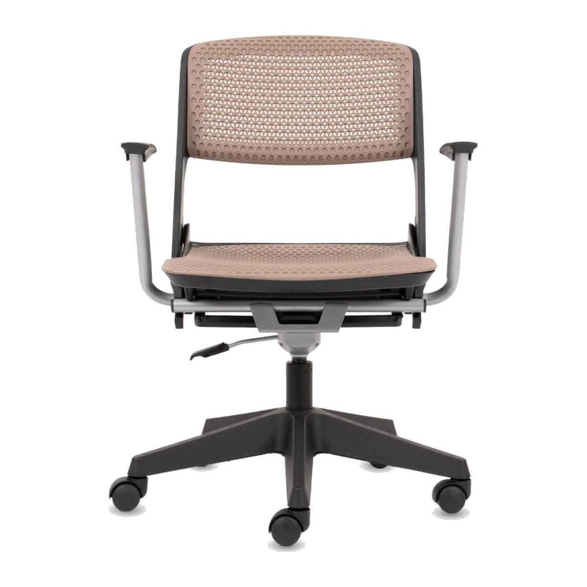 Silla Mobby giratoria, vista frontal: carcasa perforada taupe, brazos y base de cinco puntas con ruedas