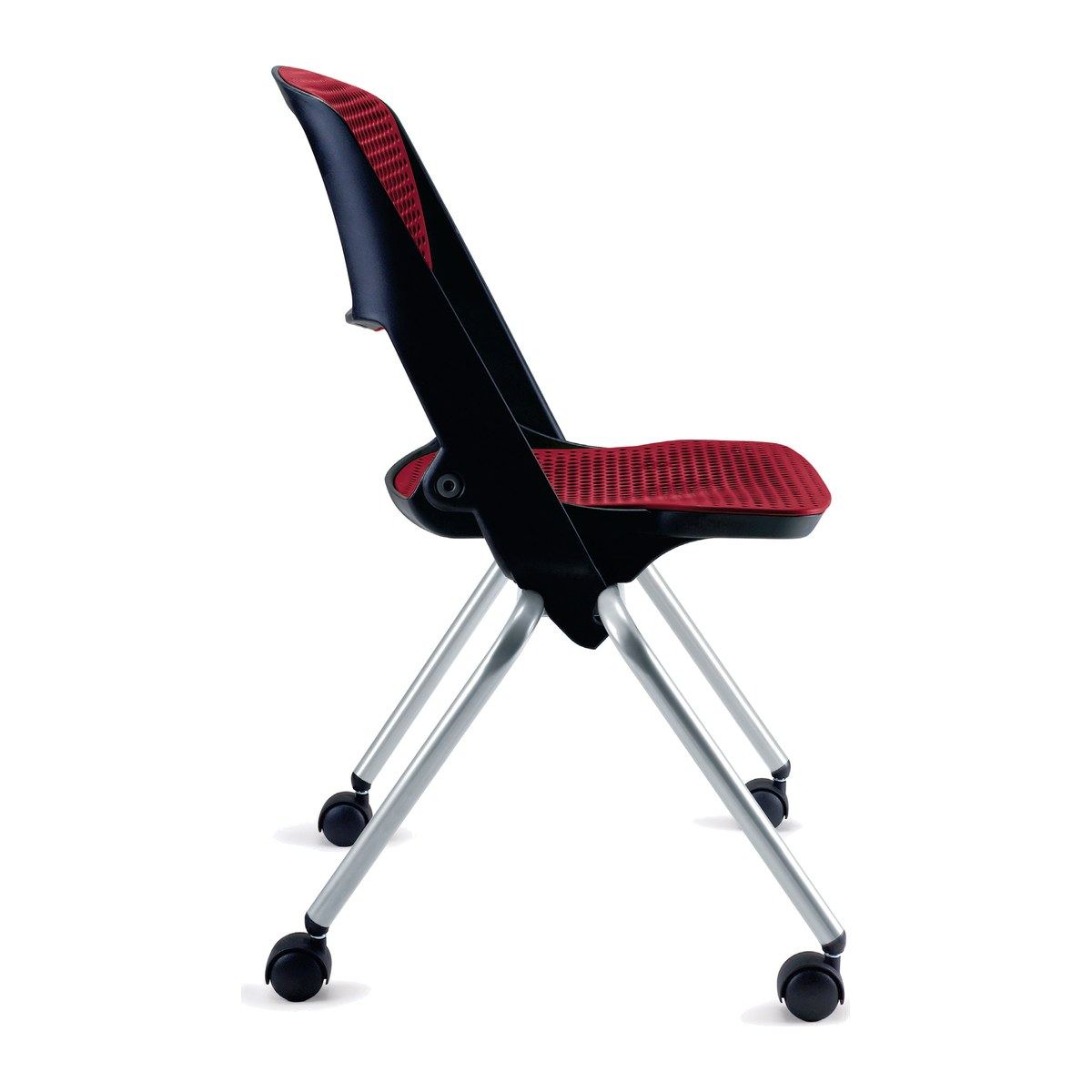 Silla Mobby de espera en vista lateral: carcasa vino, asiento plegable y patas de tubo con ruedas