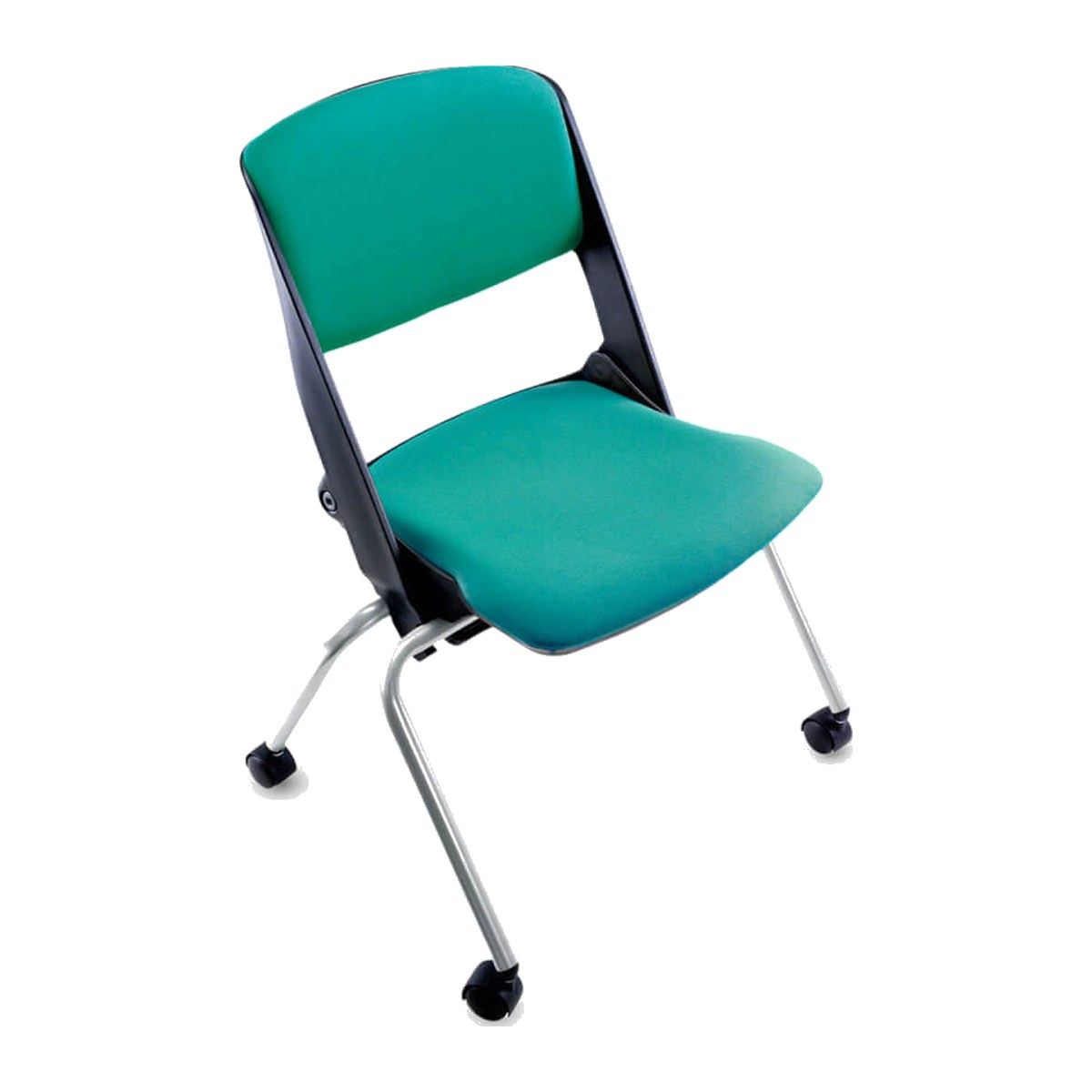Silla Mobby de espera con asiento y respaldo tapizados, vista en tres cuartos sobre patas de tubo con ruedas