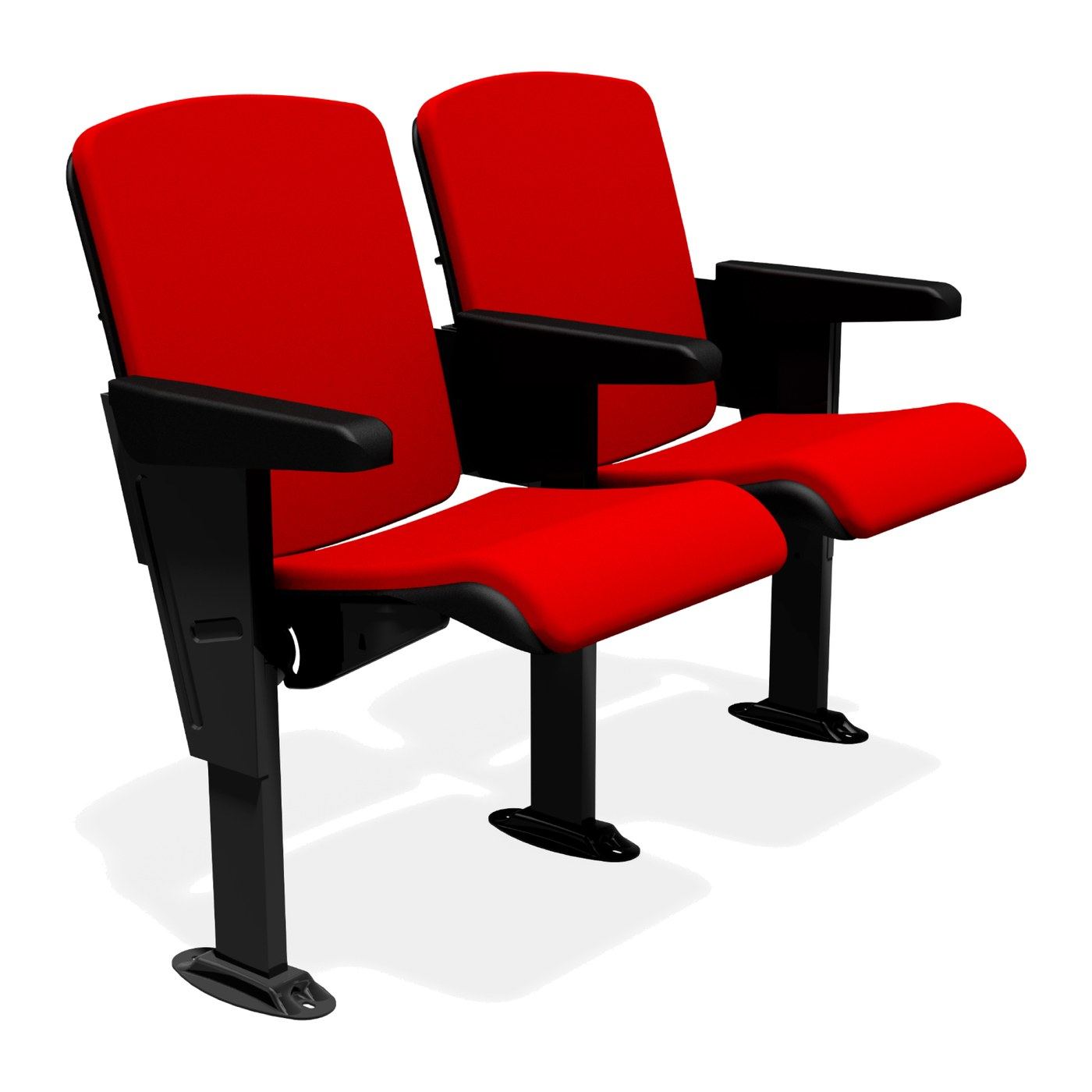 Dos butacas Nave en módulo, vista en tres cuartos: asiento y respaldo acojinados (render en rojo), coderas negras, columnas de lámina y zapatas de fijación al piso