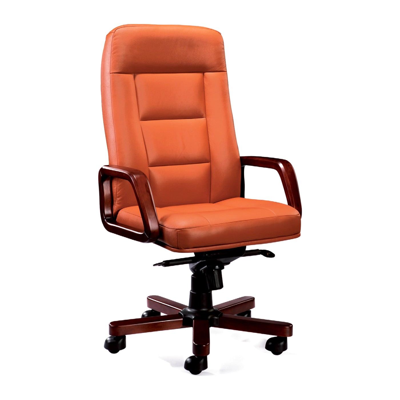 Sillón ejecutivo President 2 de respaldo alto, tapizado en piel, con brazos fijos y base de madera barnizada, vista en tres cuartos