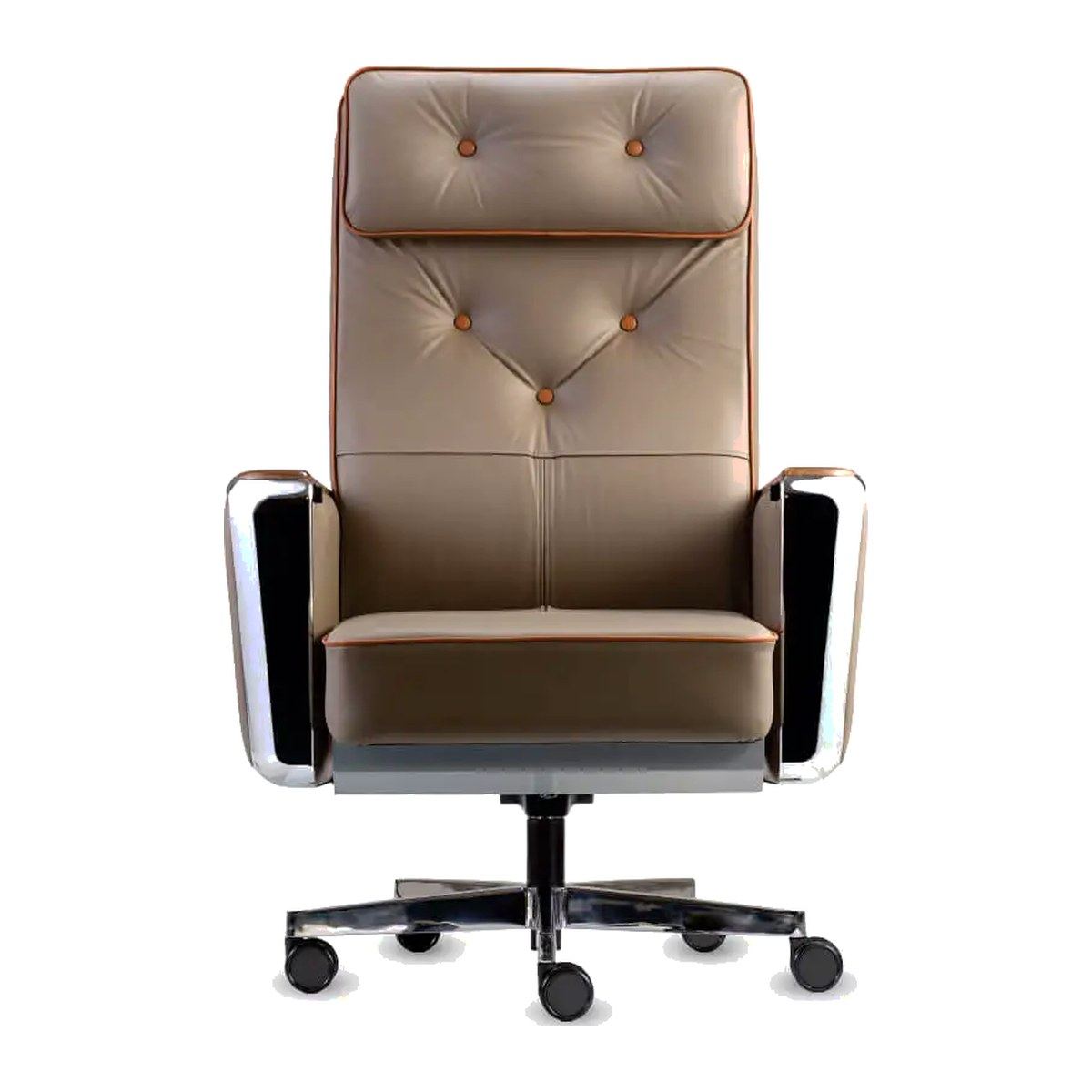 Silla ejecutiva Regent-H con cabecera, vista frontal: respaldo alto tapizado en piel con botones, brazos de madera y aluminio cromado
