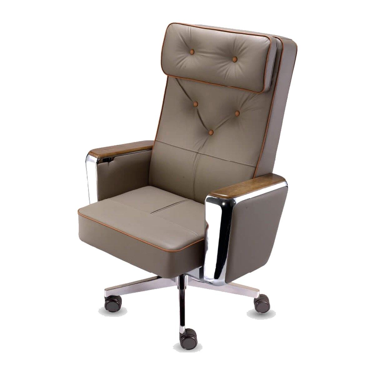 Silla ejecutiva Regent-H con cabecera, vista en tres cuartos del respaldo capitoné, el asiento y el brazo cromado