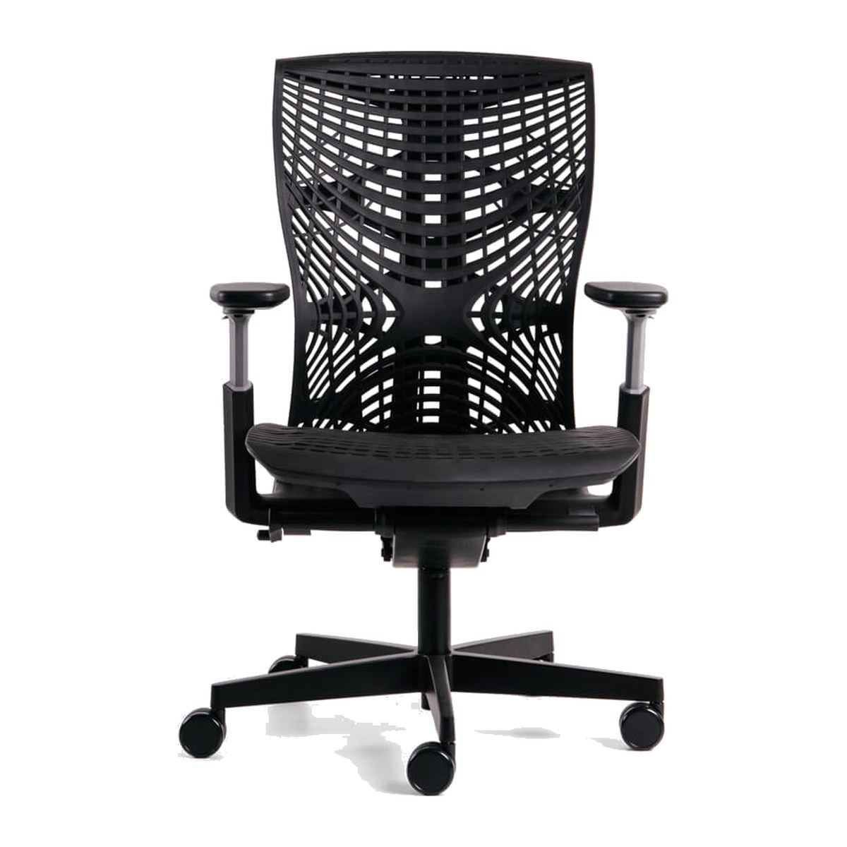 Silla de oficina Reya sin cabecera, vista en tres cuartos: respaldo flexible de elastómero sin marco, asiento y brazos regulables