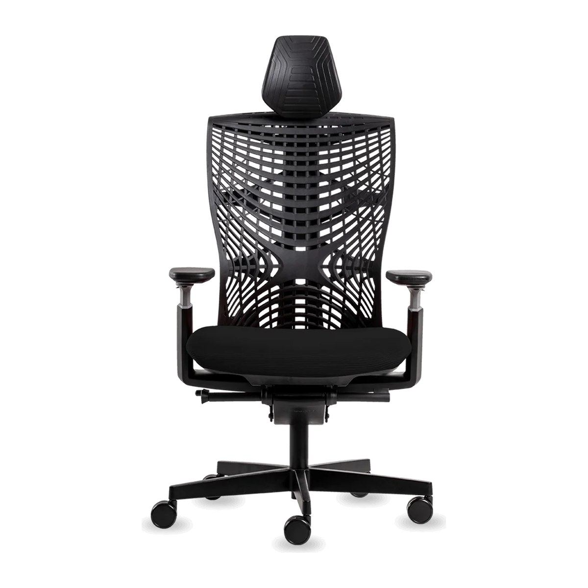 Silla de oficina Reya-H con cabecera, vista frontal: respaldo flexible de elastómero sin marco, asiento negro y base de aluminio