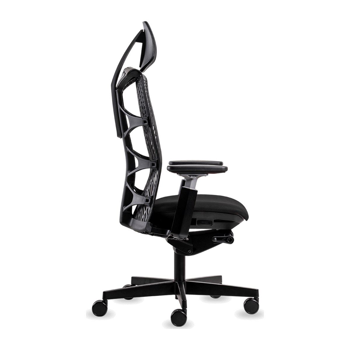 Silla de oficina Reya-H con cabecera, vista lateral que muestra la curva del respaldo sin marco