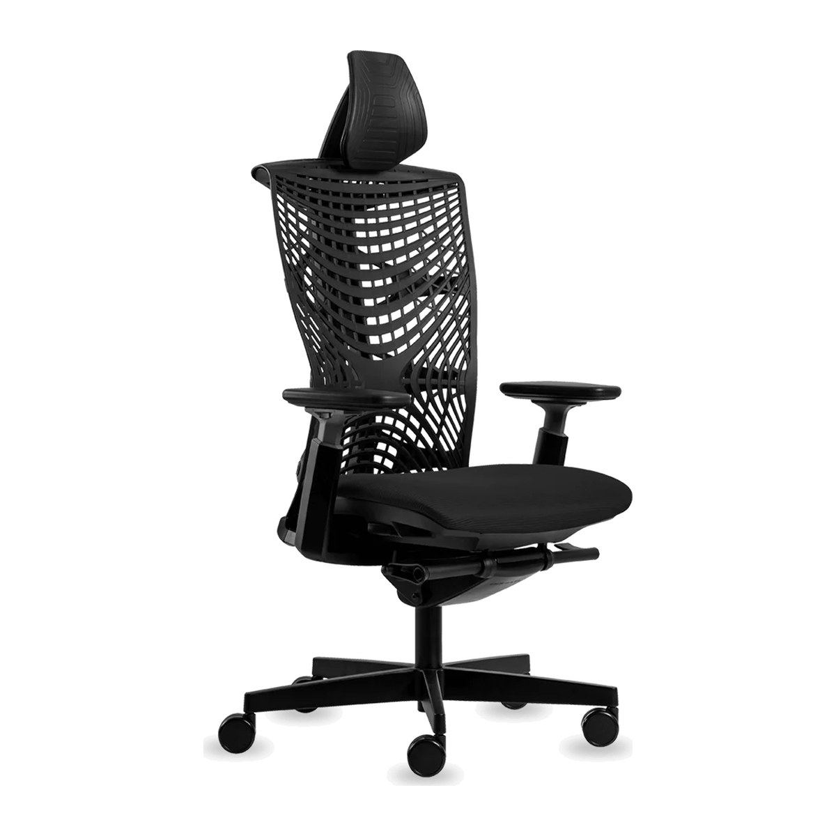 Silla de oficina Reya-H con cabecera, vista en tres cuartos del respaldo de elastómero y los brazos regulables