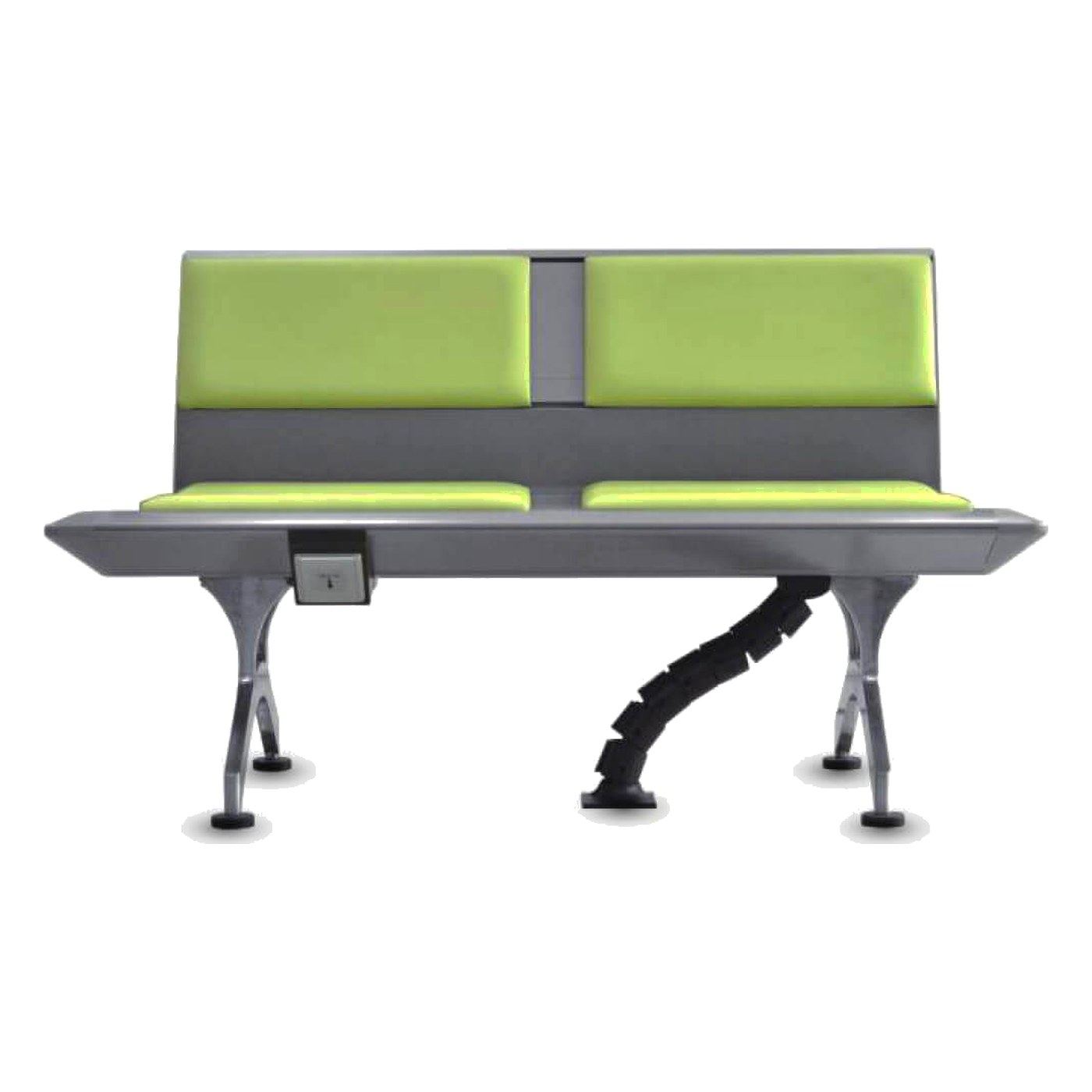 Banca Silver Surf de dos puestos vista de frente, con almohadillas verdes, toma de corriente bajo el asiento y canaleta cubre cables