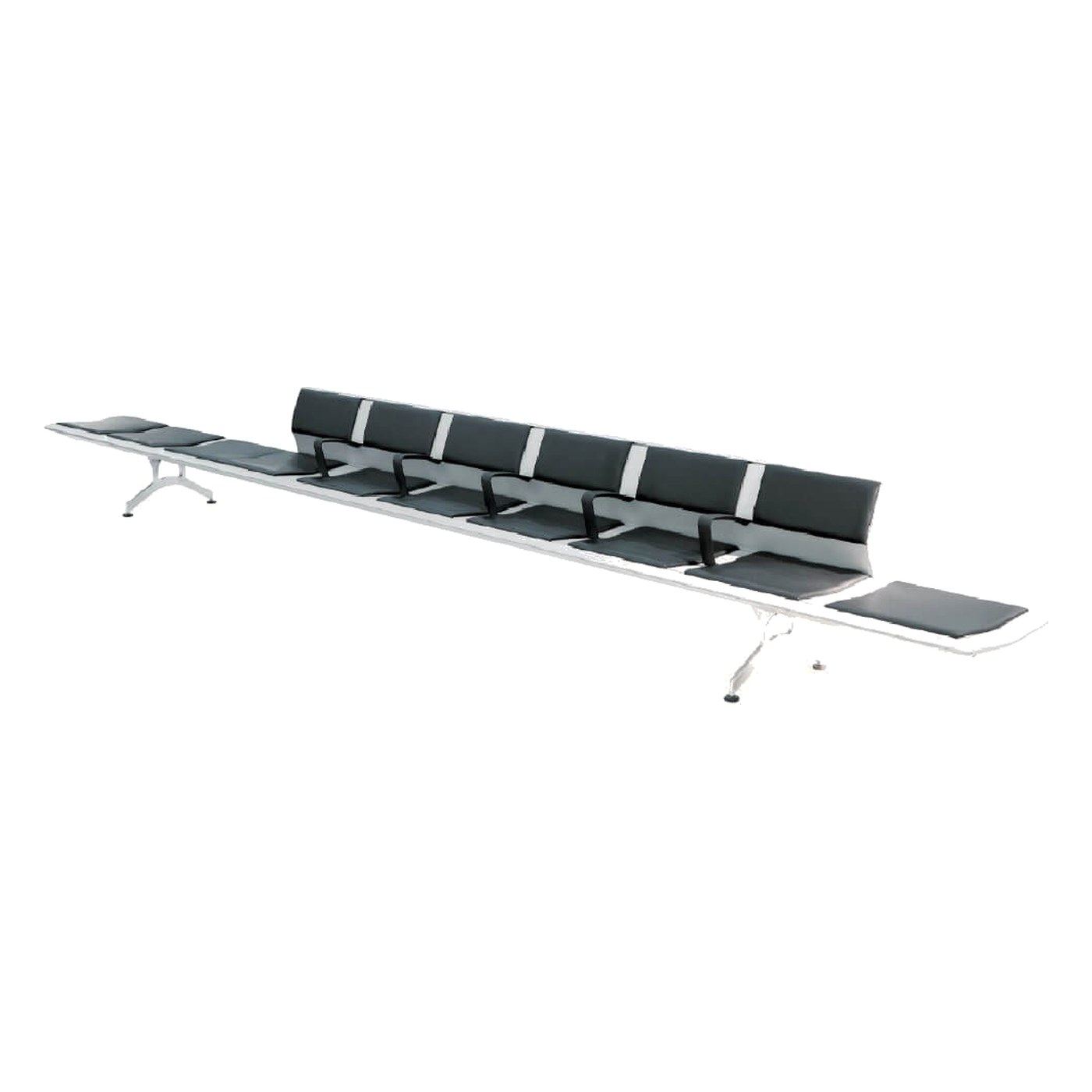 Banca Silver Surf de seis puestos con respaldos y almohadillas oscuras y dos mesas laterales en los extremos, sobre patas de aluminio