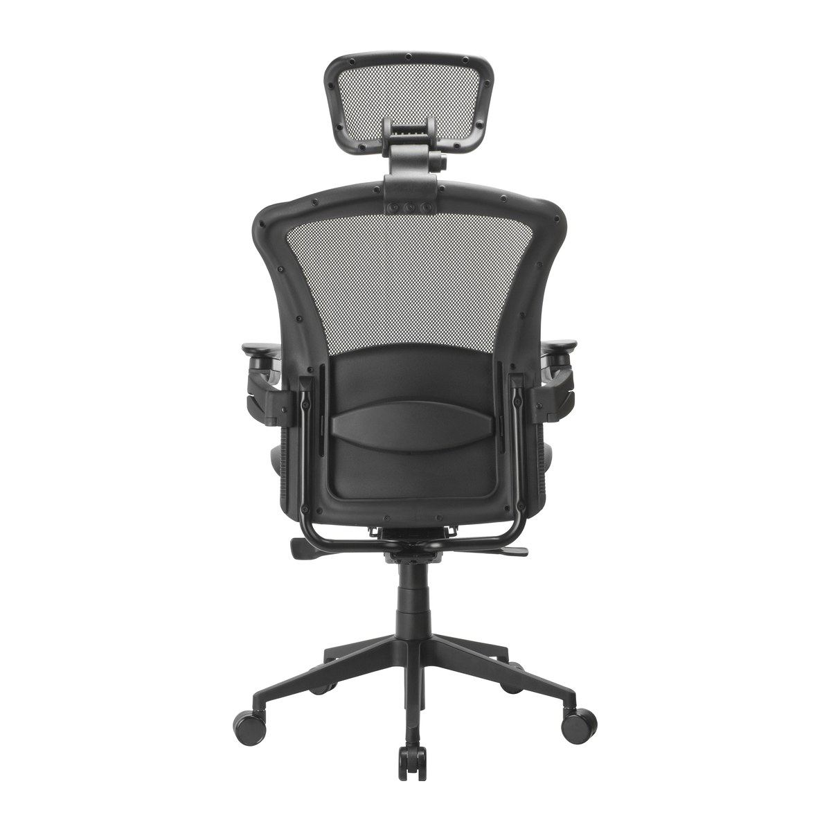Silla de oficina Spider ST, vista trasera del respaldo de malla con su estructura perimetral y la cabecera