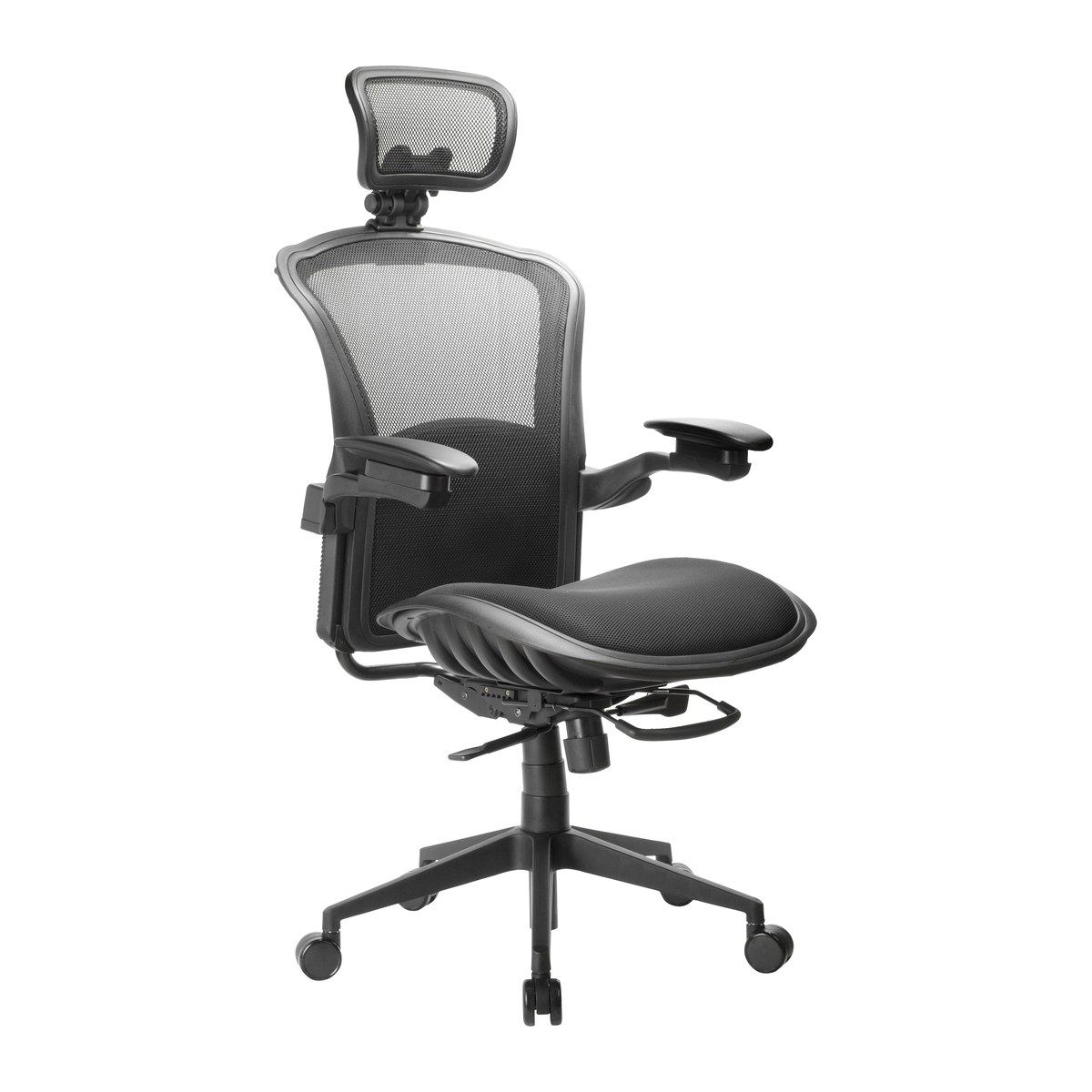 Silla de oficina Spider ST, vista en tres cuartos del asiento, los brazos y el respaldo de malla con cabecera
