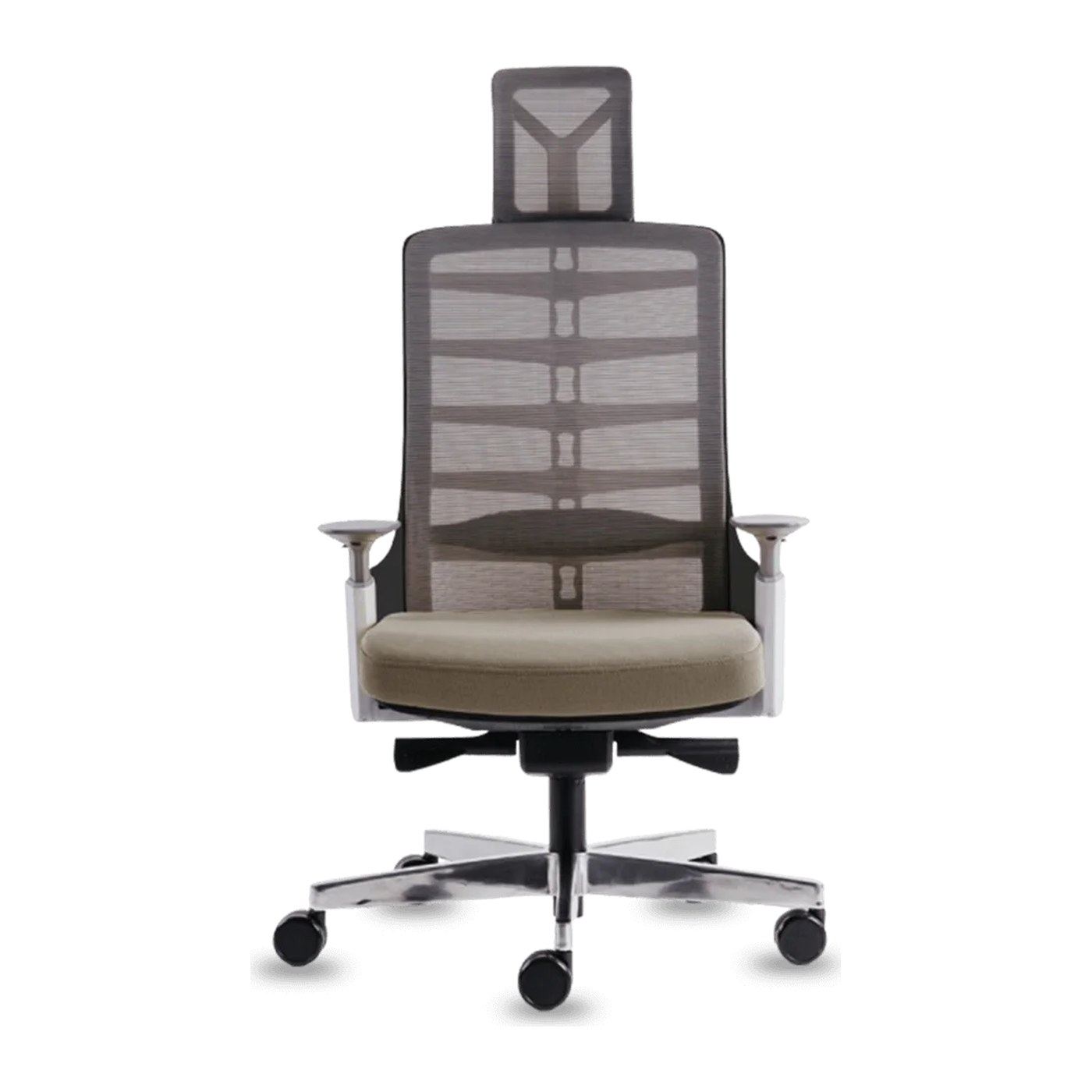 Silla ergonómica Spinelly con cabecera, vista frontal: respaldo de malla con costillas articuladas, brazos regulables y base de aluminio pulido