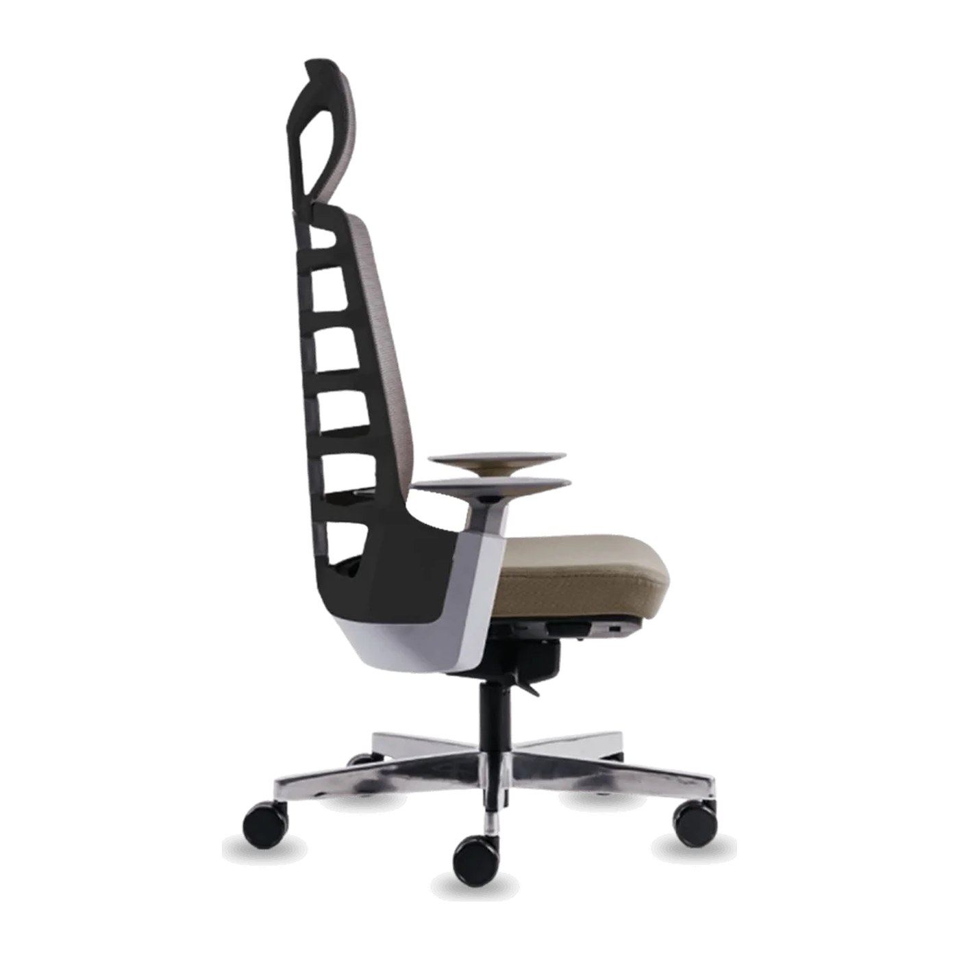 Silla ergonómica Spinelly, vista lateral: columna de costillas articuladas, cabecera y brazos regulables