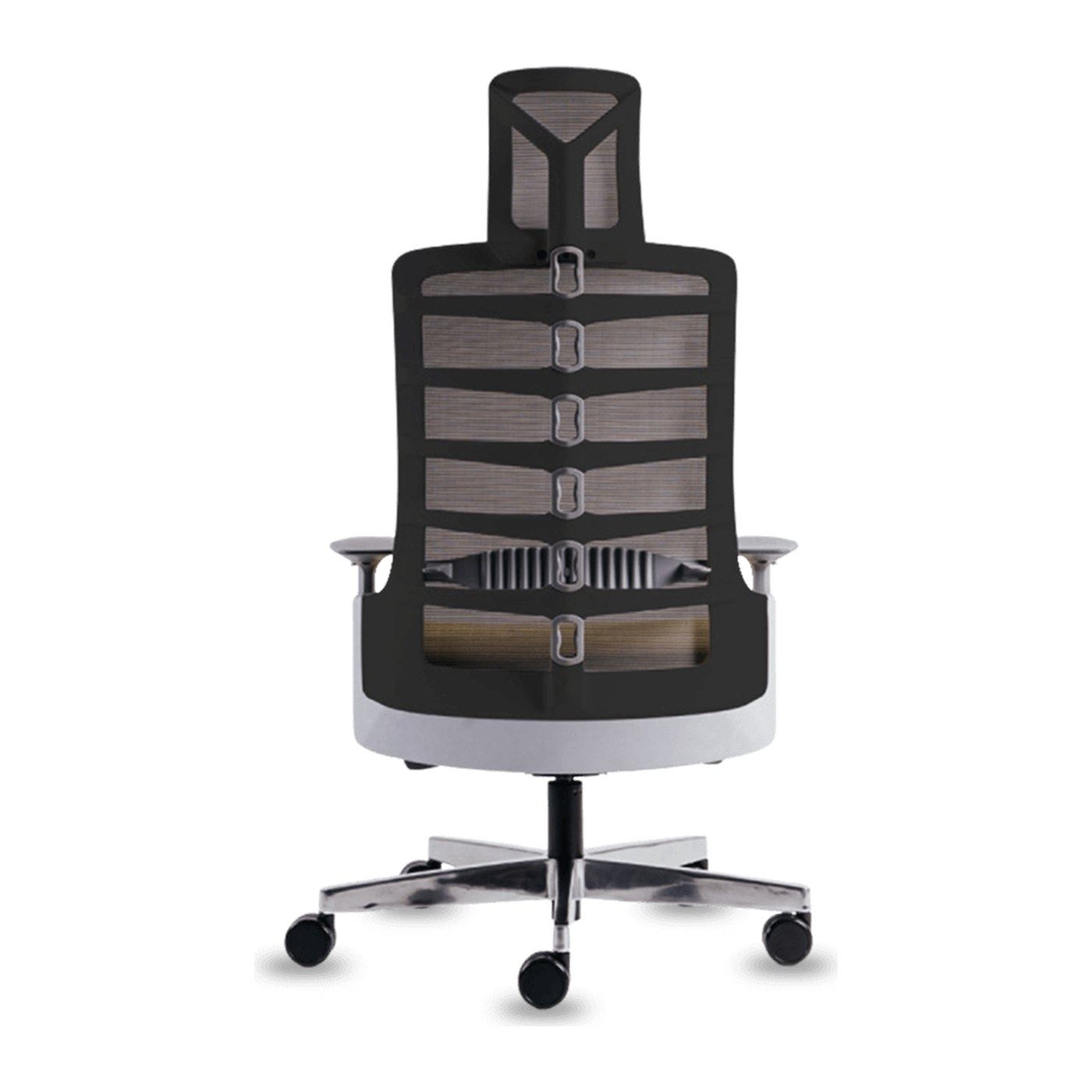 Silla ergonómica Spinelly, vista trasera del respaldo con costillas y articulaciones de elastómero