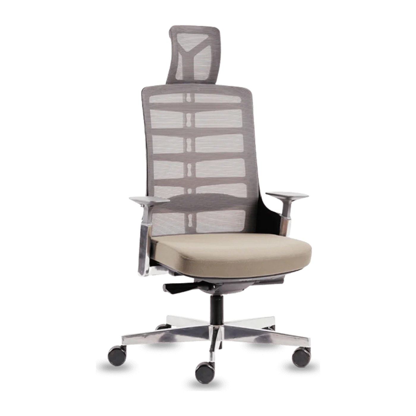 Silla ergonómica Spinelly con cabecera, vista en tres cuartos del respaldo de costillas y el asiento tapizado