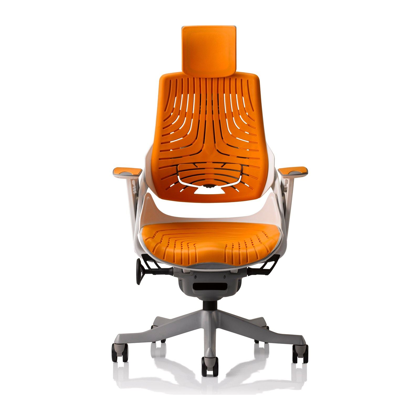 Silla de oficina WAU-E en elastómero color mango, vista frontal con cabecera y estructura blanca