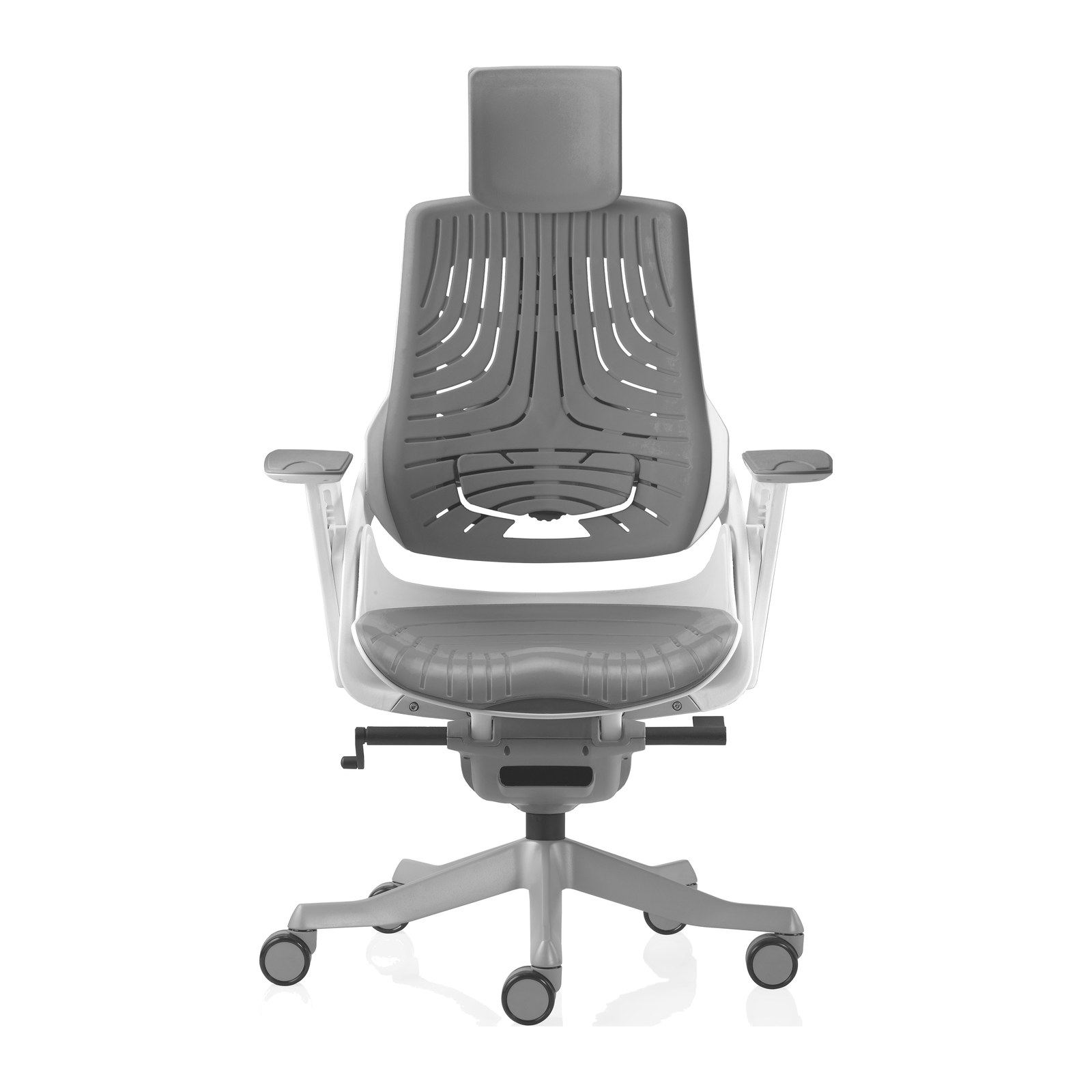 Silla de oficina WAU-E con cabecera, vista frontal: respaldo y asiento de elastómero gris perforado, estructura blanca