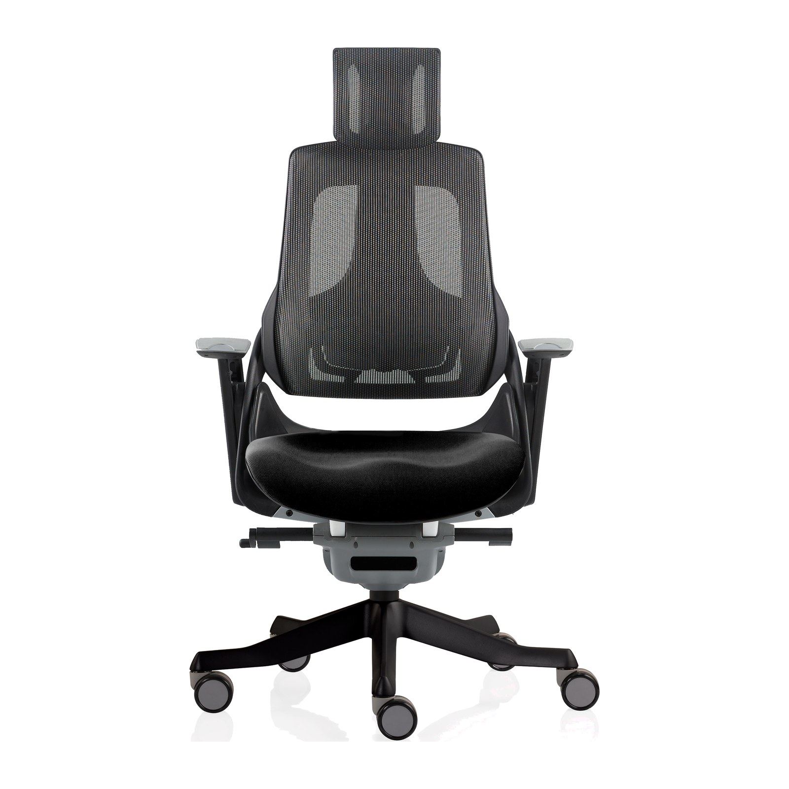 Silla de oficina WAU-M con cabecera, vista frontal: respaldo y asiento de malla, estructura negra y base de aluminio