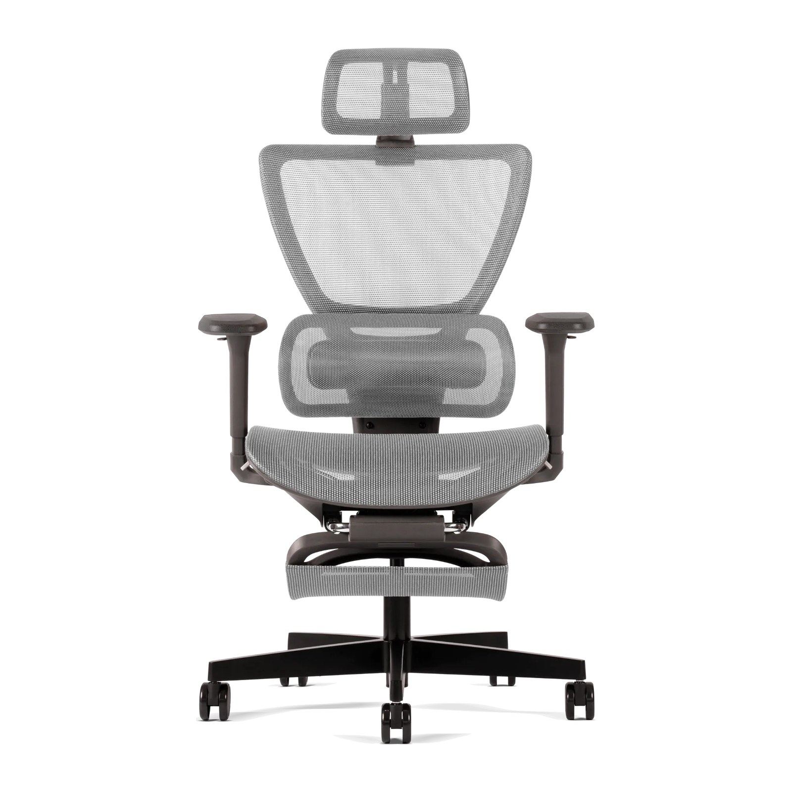 Silla ergonómica Zenit-H con cabecera, vista frontal: malla gris en suspensión, soporte lumbar, brazos 4D y base de aluminio negra