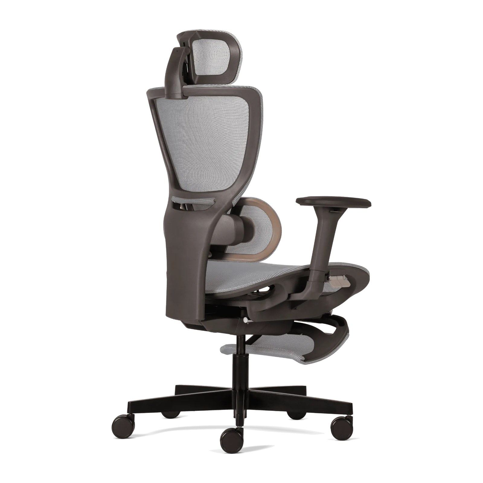 Silla ergonómica Zenit-H, vista trasera en tres cuartos del respaldo de malla y su estructura